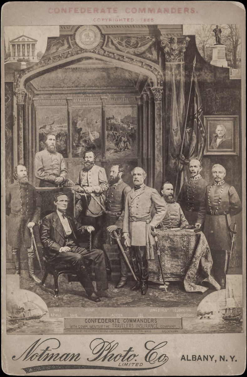 Figure 1. President Jefferson Davis, seated, surrounded by Confederate commanders from left to right, General John Bell Hood, General A.P. Hill, Major General Jeb Stuart, General Stonewall Jackson, General Robert E. Lee, General James Longstreet, General Joseph Eggleston Johnston and General Pierre Gustave Toutant-Beauregard, in uniforms with swords. Notman Photo. Co., Albany, N.Y. (Library of Congress)