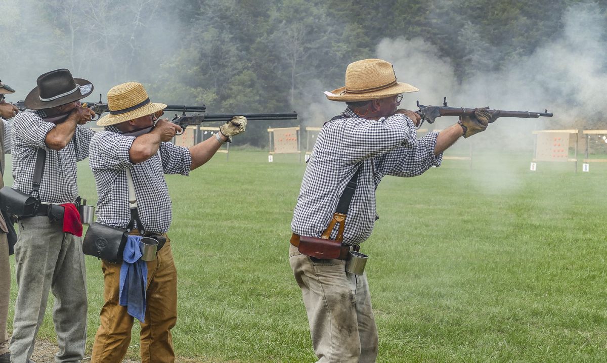 Skirmishers fire Henry and Spencer rifles during the magazine-fed breechloading rifle competition. The N-SSA National also includes a Spencer match consisting of teams with a four-person company of Spencer Shooters. (Lis Cole)