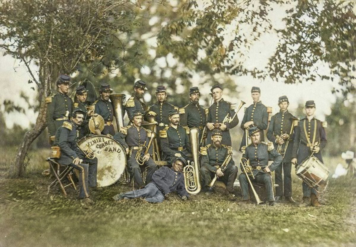 “Elmira Cornet Band,” 33rd Regiment, N.Y. State Volunteers, July 1861. Colorization © 2023 civilwarincolor. com, courtesy civilwarincolor.com/cwn. (Library of Congress)