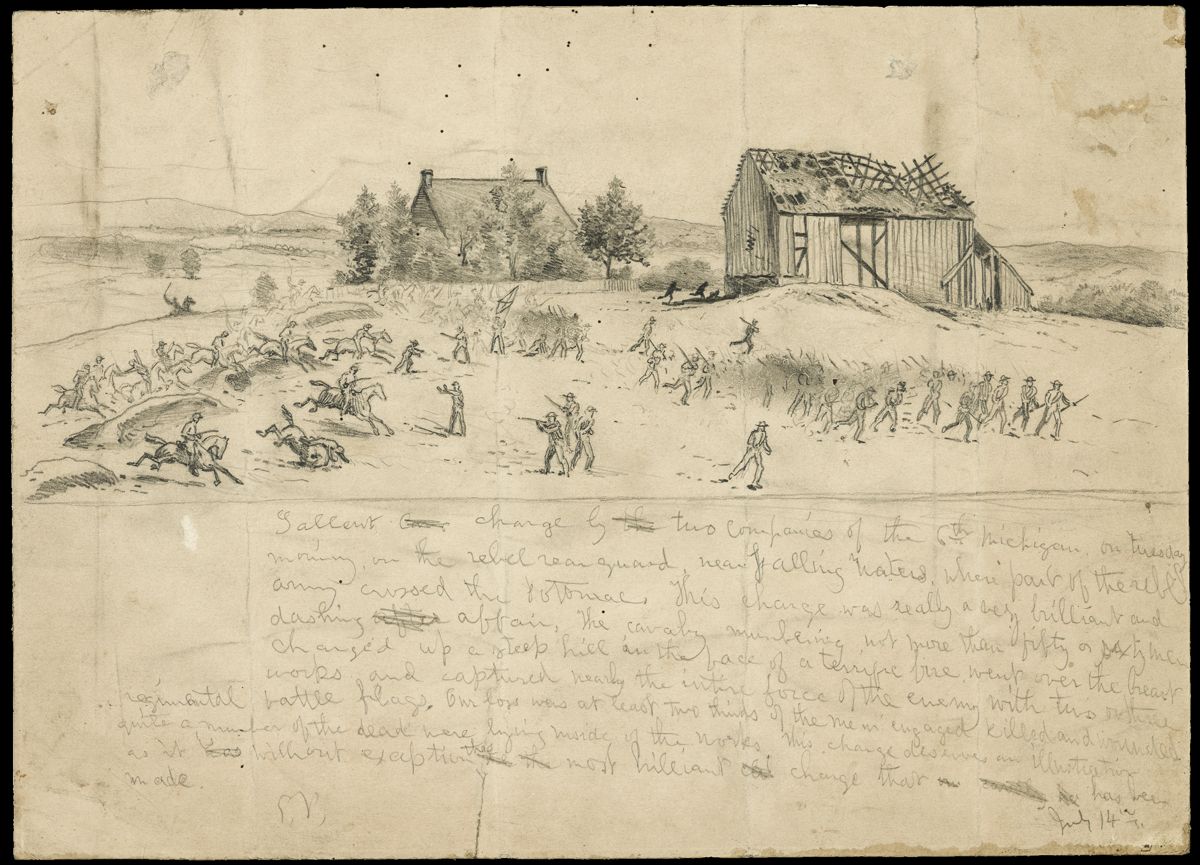 Gallant charge by two companies of the 6th Michigan on Tuesday morning on the rebel rearguard, near Falling Waters...” Edwin Forbes, artist, 1863. (Library of Congress)