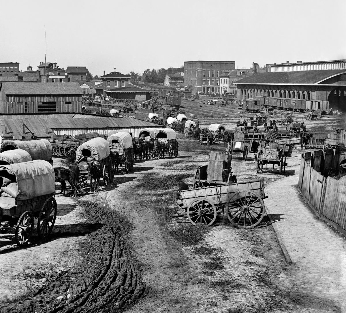 Sometime around Nov. 8, George Barnard took a number of shots of a train being loaded at Atlanta’s downtown rail depot, called the “car shed.” Everyone knew that soon Sherman would be abandoning Atlanta, leading his army away on a march whose destination only a few high-ranking officers knew. But all could see the quartermaster and commissary officers loading northbound trains with supplies and equipment that would not be carried in wagons in the forthcoming march.