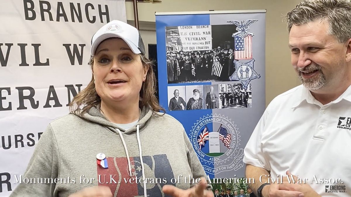Gina Denham of the Monuments for U.K Veterans of the American Civil War Association (left) visited with ECW’s Chris Mackowski at the American Civil War Roundtable of the U.K. in April.