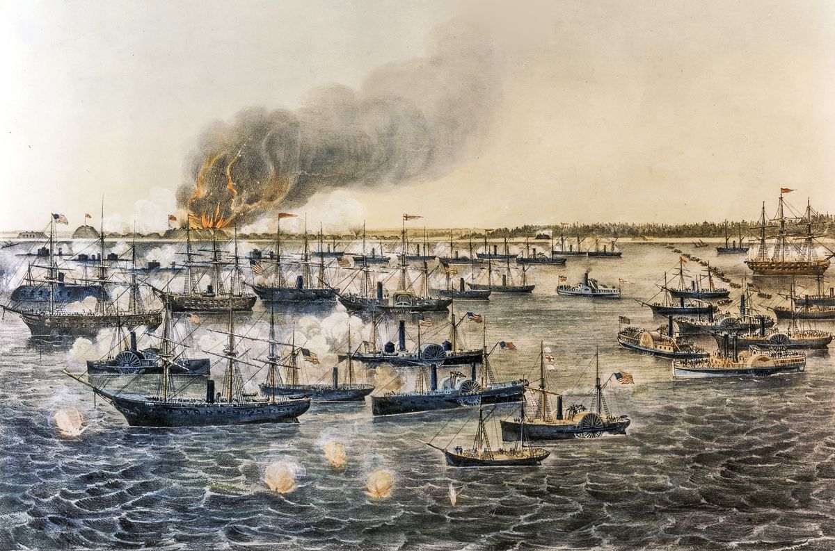 Currier and Ives lithograph of the naval bombardment of Fort Fisher. (Library of Congress)