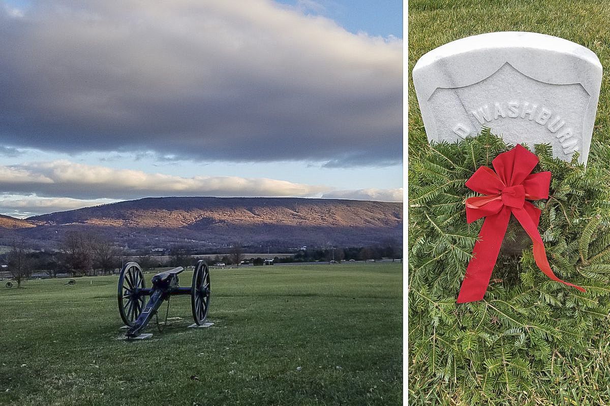 New Market Battlefield and a Wreath on a Civil War Soldier’s Grave in Winchester National Cemetery. (Photography by Sarah Kay Bierle.).