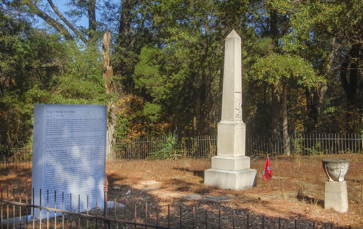 Monument in Gainesville, Ala., site of Forrest’s surrender. The obelisk was built in 1923; the stone inscribed with Forrest’s farewell address was added in 2011. (Courtesy of the Alabama Department of Archives and History.)