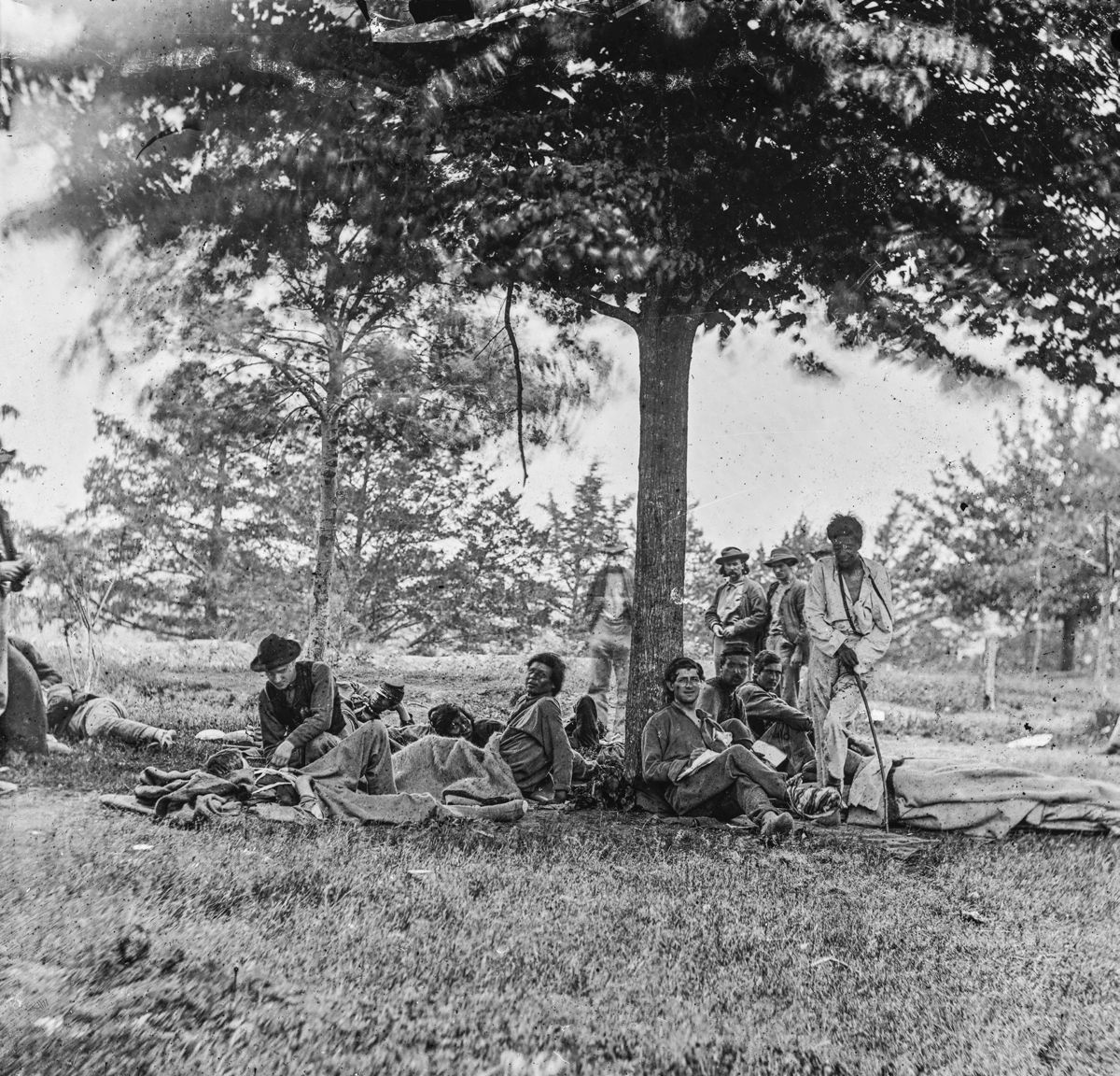Many of the Federal wounded from the Battle of the Wilderness ended up in Fredericksburg before moving on to hospitals in Alexandria and Washington D.C. Shown here are some Native American soldiers from Co. K, 1st Michigan Sharpshooters at Brompton in Fredericksburg. (Library of Congress)