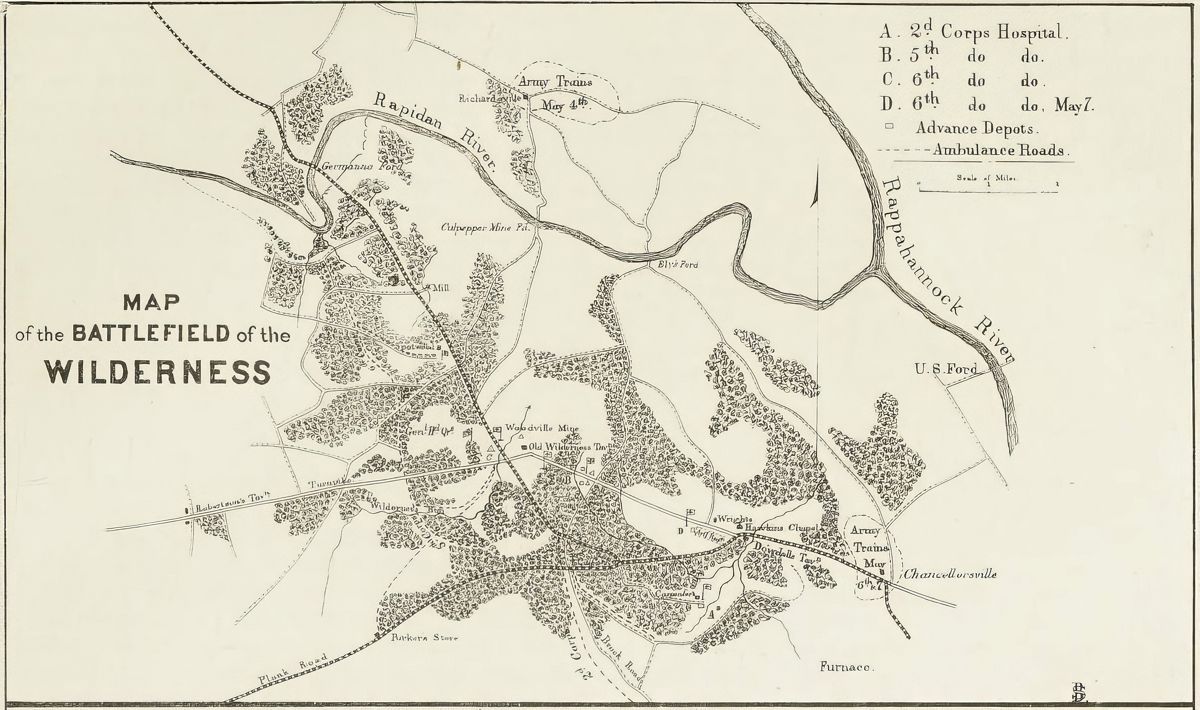 As this map shows, the Army of the Potomac placed its corps field hospitals in various locations during the Battle of the Wilderness. (Courtesy of Medical and Surgical History of the War of the Rebellion.)