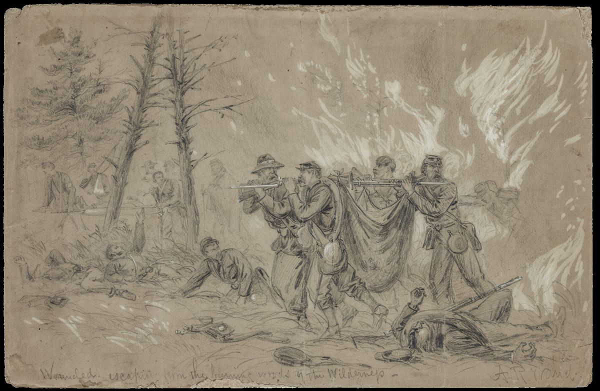 Also hampering the retrieval of the wounded were the fires that broke out on the battlefield as shown in this sketch by Alfred Waud. (Library of Congress)