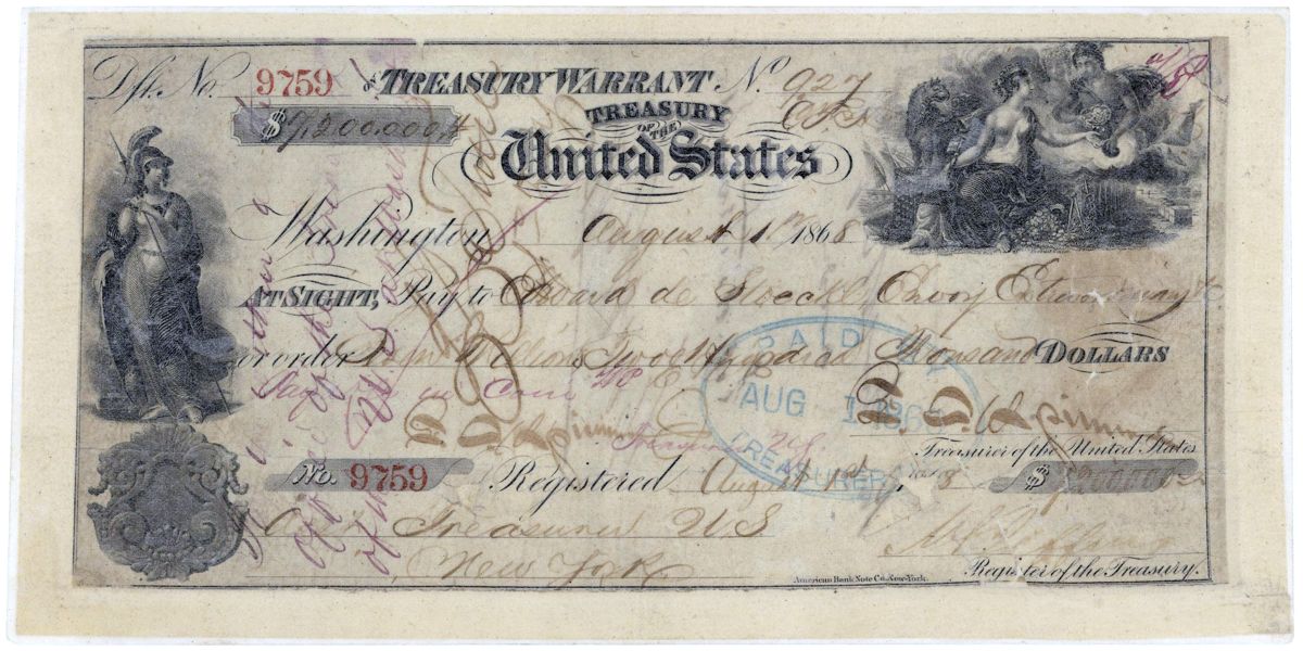 Canceled check for $7.2 million, for the purchase of Alaska, issued August 1, 1868. (Records of the Accounting Officers of the Department of the Treasury; Record Group 217; National Archives. The Russian exchange copy of the Treaty of Cession, March 30, 1867, Record Group 11; National Archives.)