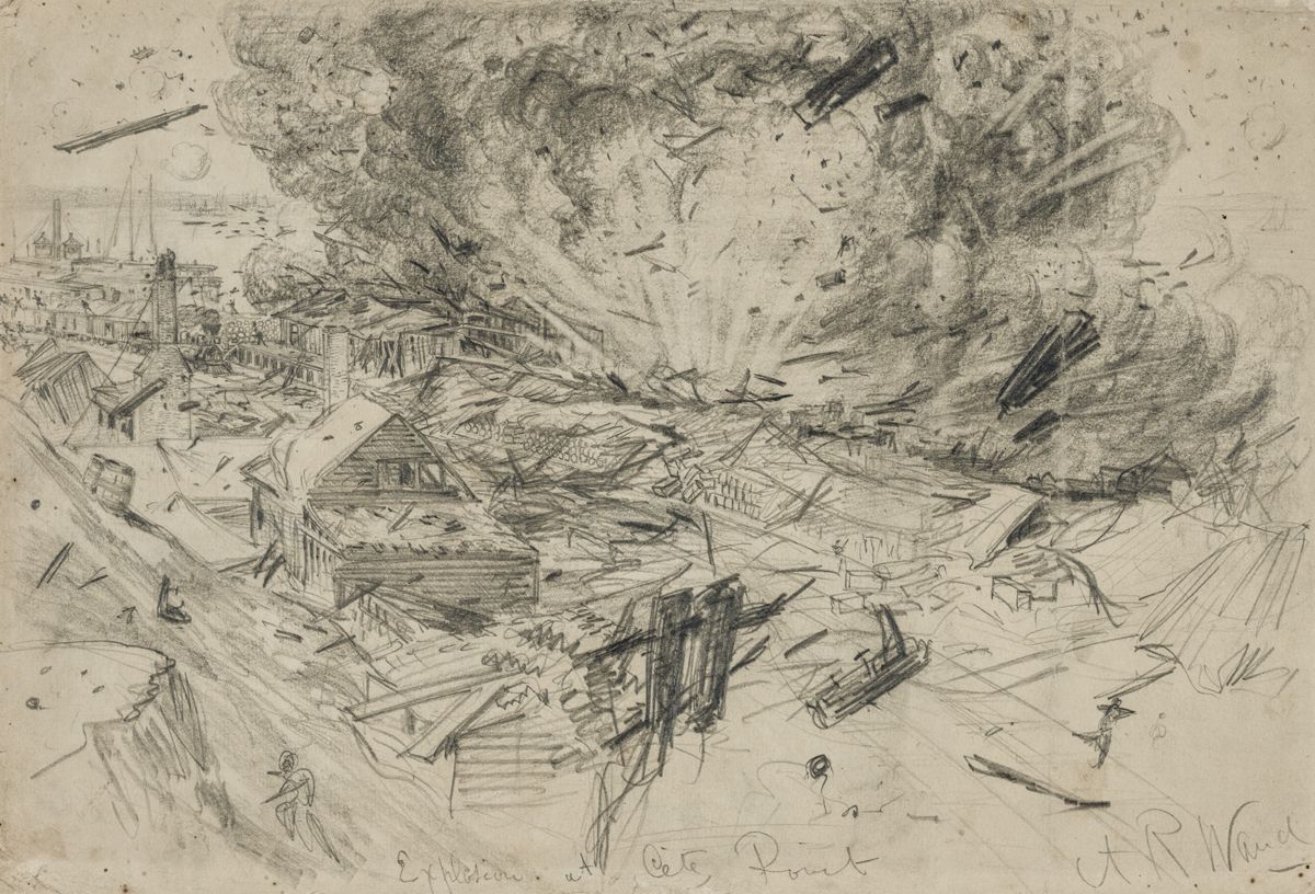 Explosion at City Point. By Alfred Waud, artist. (Library of Congress)