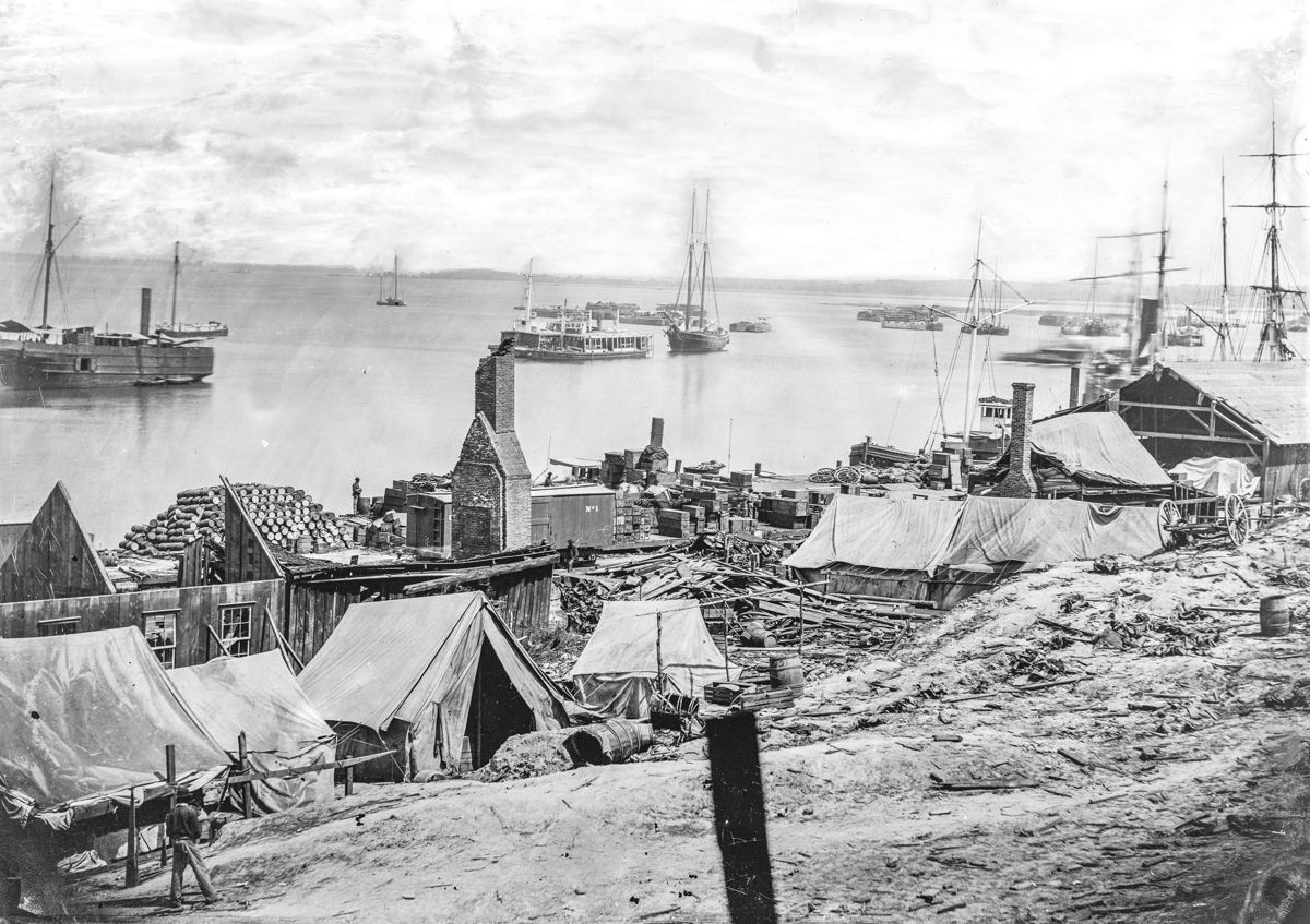 City Point, Va. Wharves after the explosion of ordnance barges on August 4, 1864. (Library of Congress)