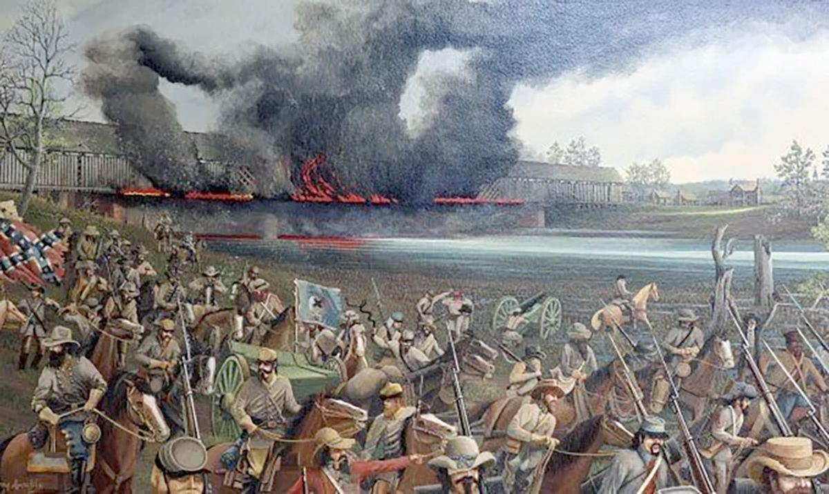 Burning of Clarendon Bridge Fayette by Larry Arnold.