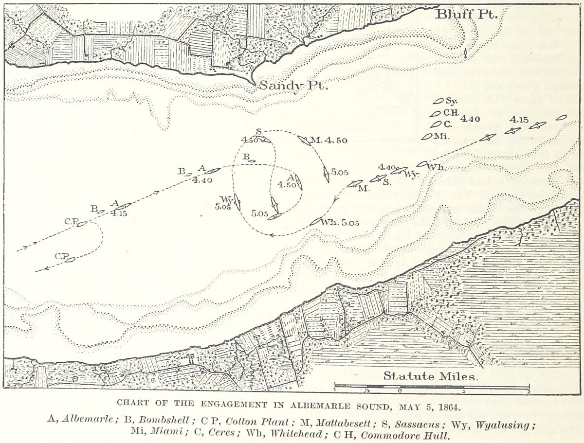 This map shows an engagement on May 5, 1864, in Albemarle Sound between the Confederate ram CSS Albemarle and support ships and four Union gunboats. (From p. 652 of the 1887 book Battles and Leaders of the Civil War, volume 4.)
