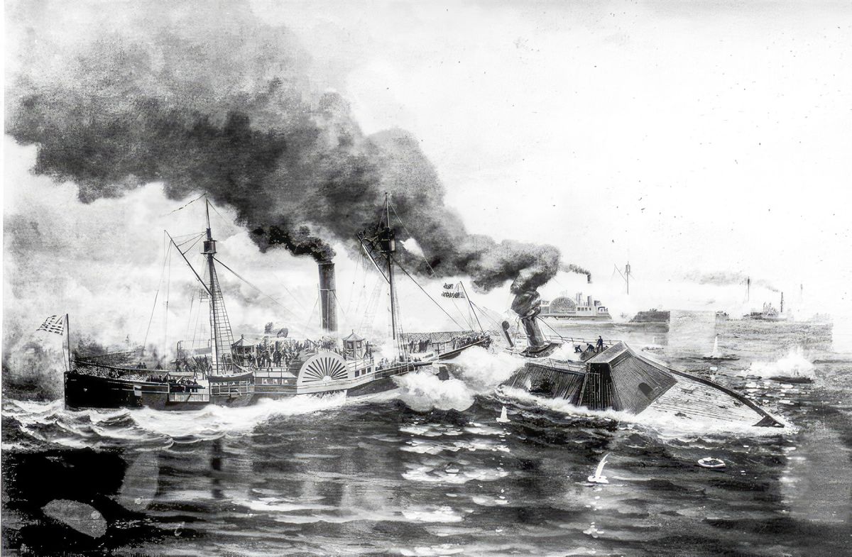 USS Sassacus in Albemarle Sound. With Sassucus’s hull almost touching the end of the ram’s Brooke rifle, Albemarle’s gun crew quickly fired two point-blank rifled shells, one of them puncturing Sassucus’s boilers; though live steam was roaring through the ship, she was able to break away and drift out of range.