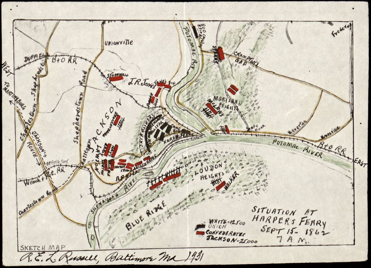 Situation at Harper’s Ferry, Sept. 15, 1862, 7 a.m. Hand-colored positive photocopy showing Confederate troop positions in red, rivers and woods in green, and roads in brown. Union positions, names of a few commanders, place names, and railroads are indicated in black. (Library of Congress)