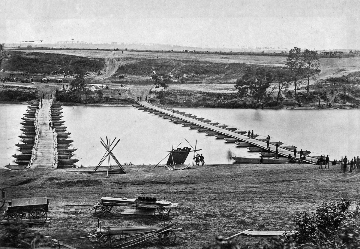 Two pontoon bridges over the Rappahannock River used in the Battle of Fredericksburg. Negative by T.H. O’Sullivan; positive by A. Gardner. (Library of Congress)