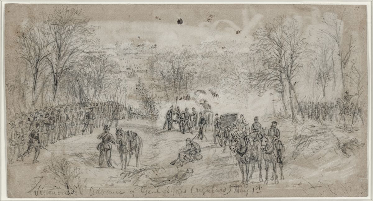 Artist Alfred R. Waud sketched this image showing Sykes’ Regulars advancing east along the Orange Turnpike. (Library of Congress)