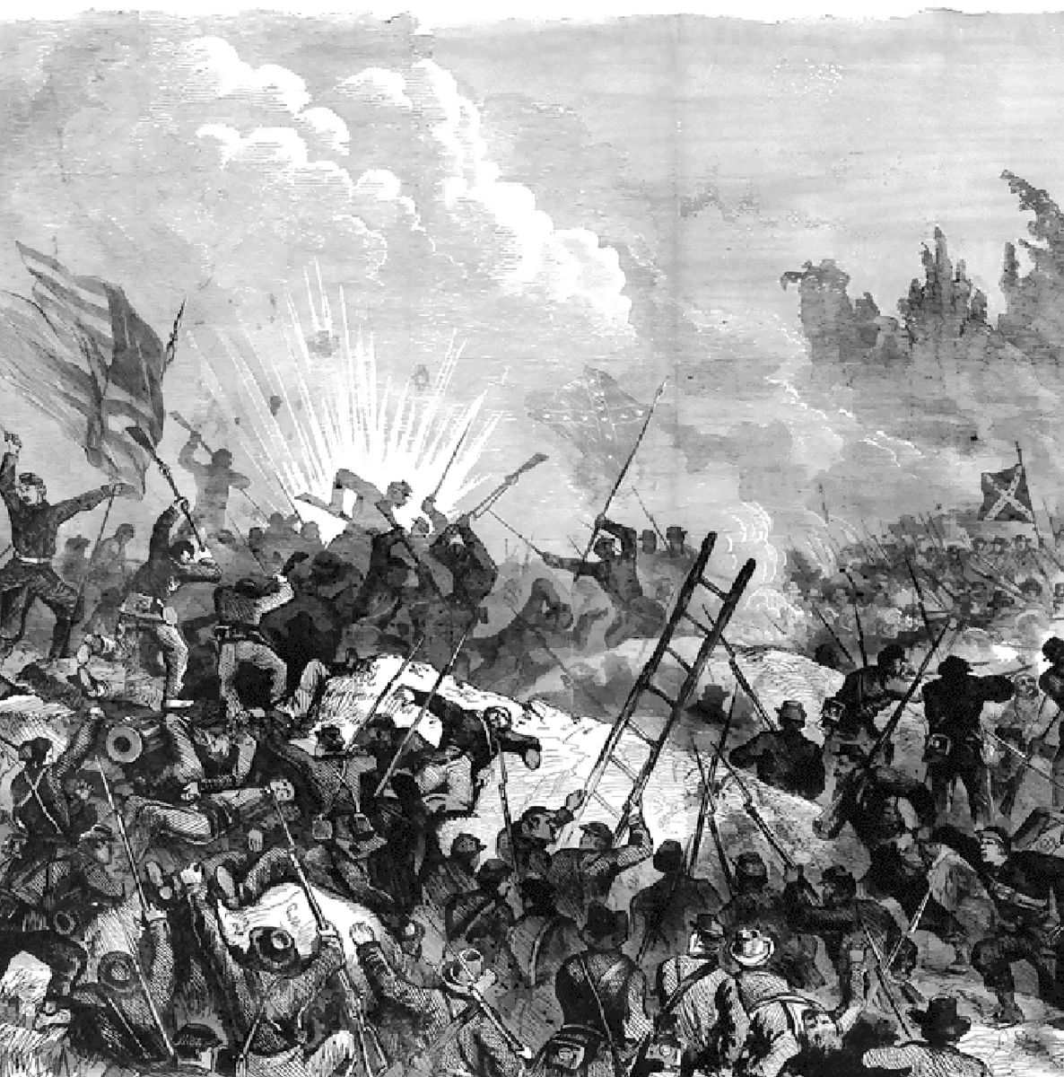 Union soldiers assaulting the Vicksburg Defenses. (Vicksburg National Military Park)