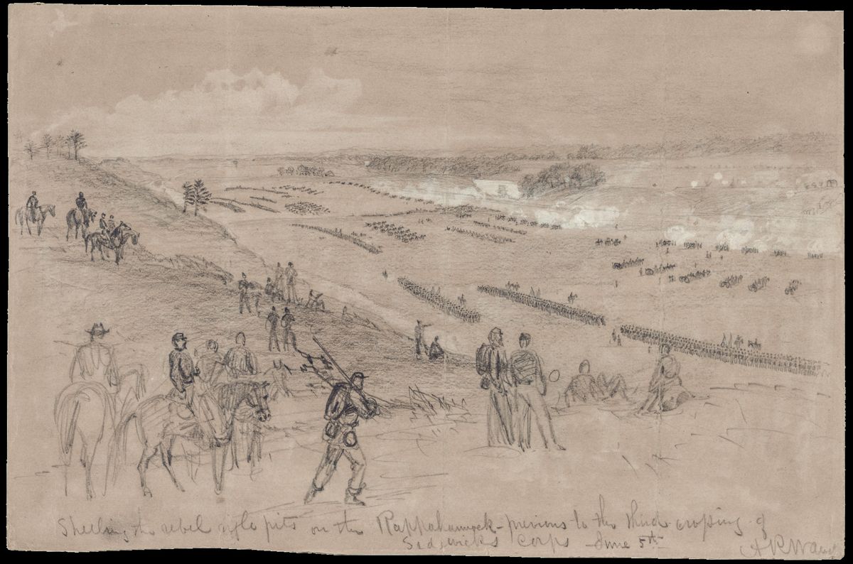 This sketch by Alfred R. Waud shows the Federal troops positioning on the Stafford County side of the Rappahannock River before making the crossing on June 5, 1863. (Library of Congress)