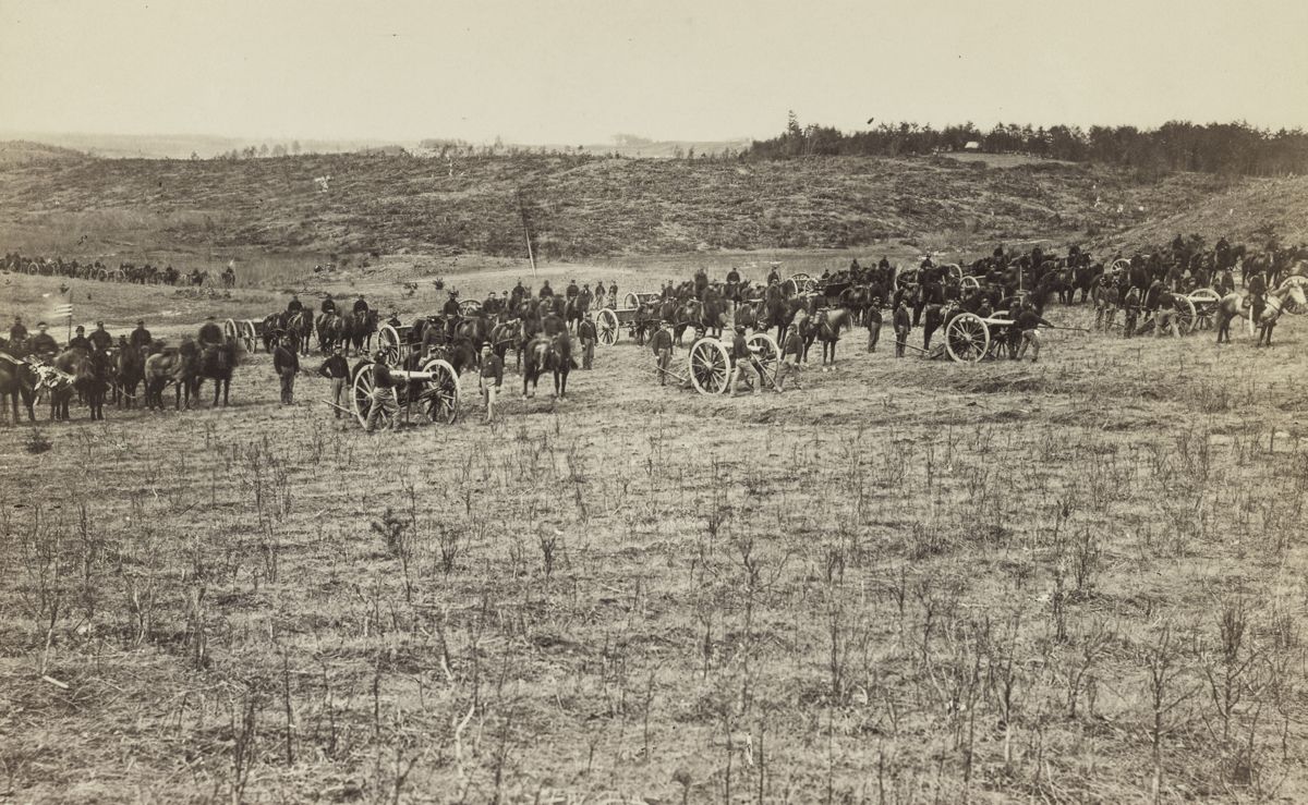 Shown in this photograph is Battery D of the 2nd U.S. Artillery going into action on June 5, 1863. (Library of