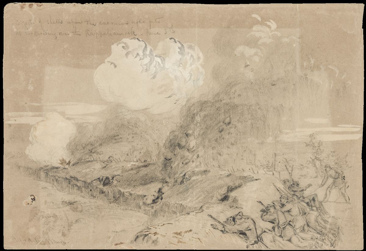 In this sketch Alfred R. Waud depicts the “Effects of shells upon the enemy rifle pits at the crossing over the Rappahannock – June 5” [1863]. (Library of Congress)