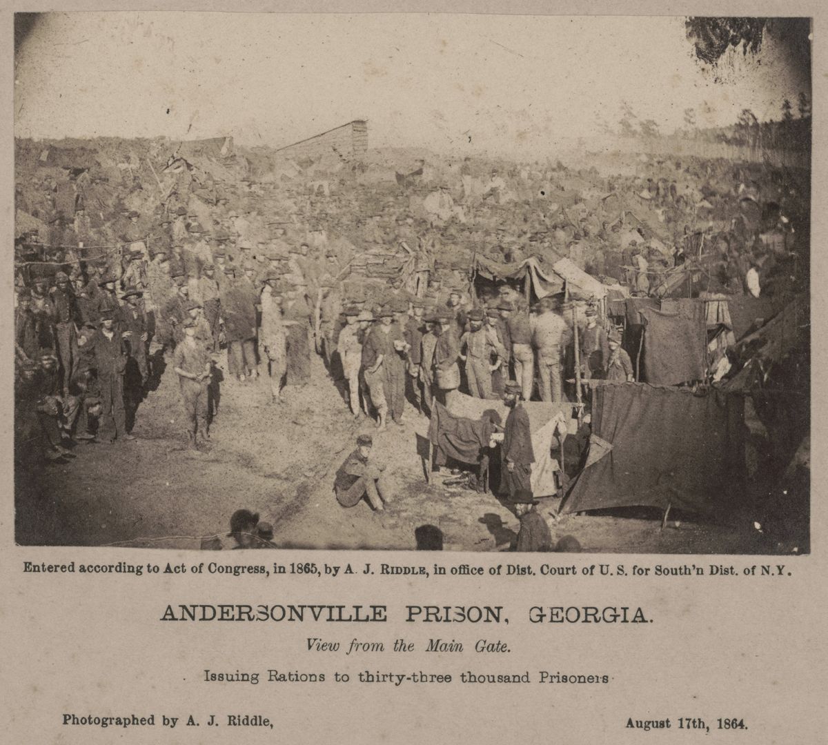 Andersonville Prison. View from the main gate Issuing rations to thirty-three thousand prisoners. Photographed
