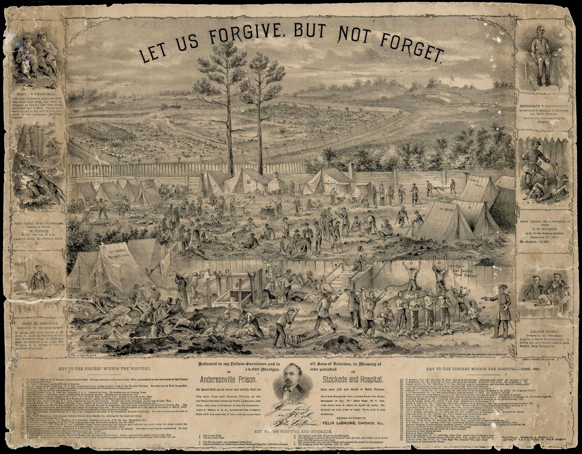 Let us Forgive but Not Forget, Sketch of Andersonville Prison, Stockade, and Hospital. (Library of Congress)