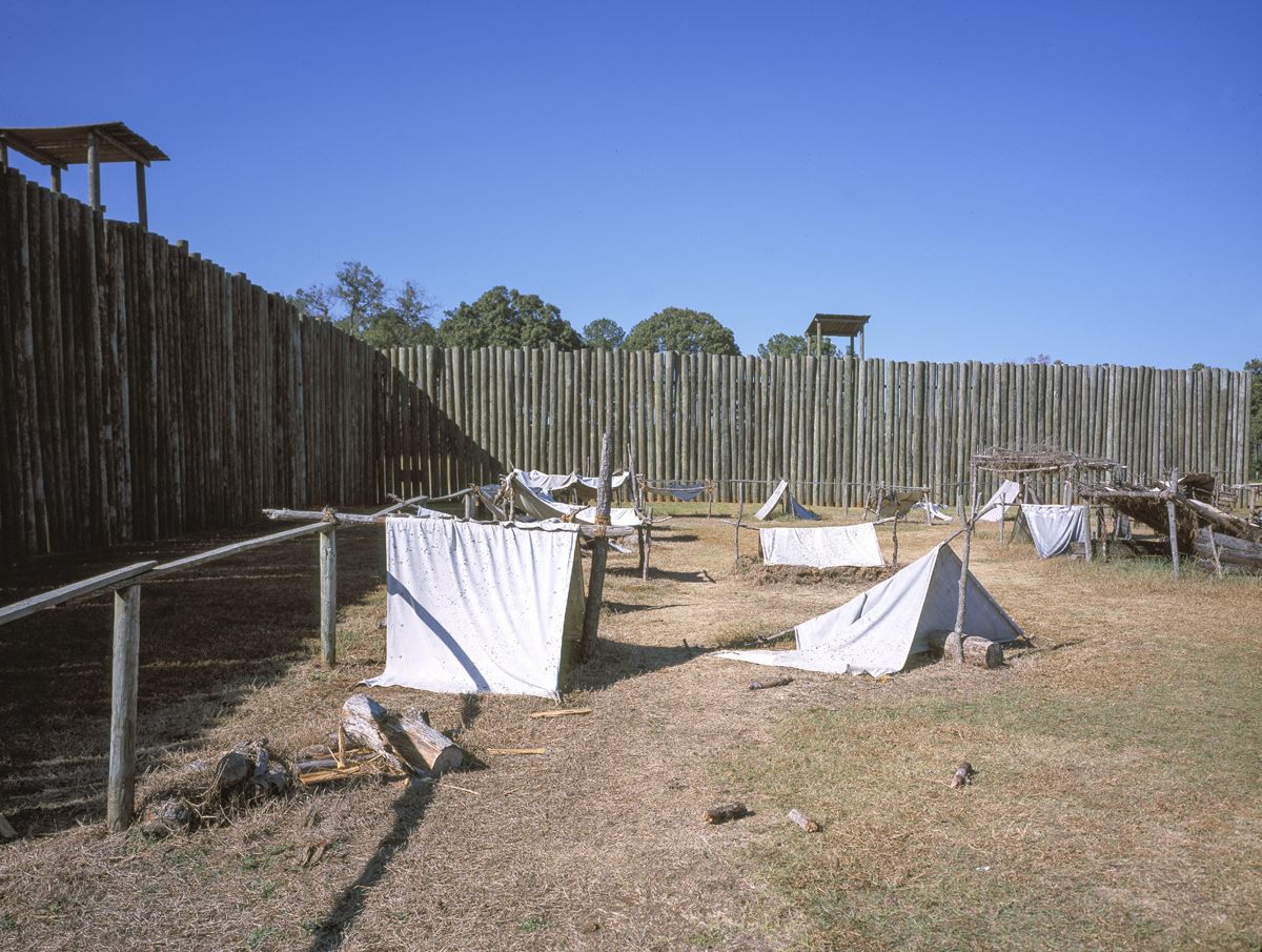 Living history display of prisoner lean-tos at Andersonville Prison, Andersonville, Ga.