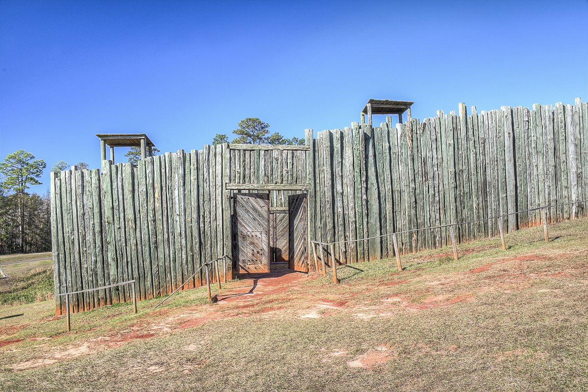 Andersonville Prison North Gate. The prison structure is a modern recreation of what the prison looked like during the Civil War.