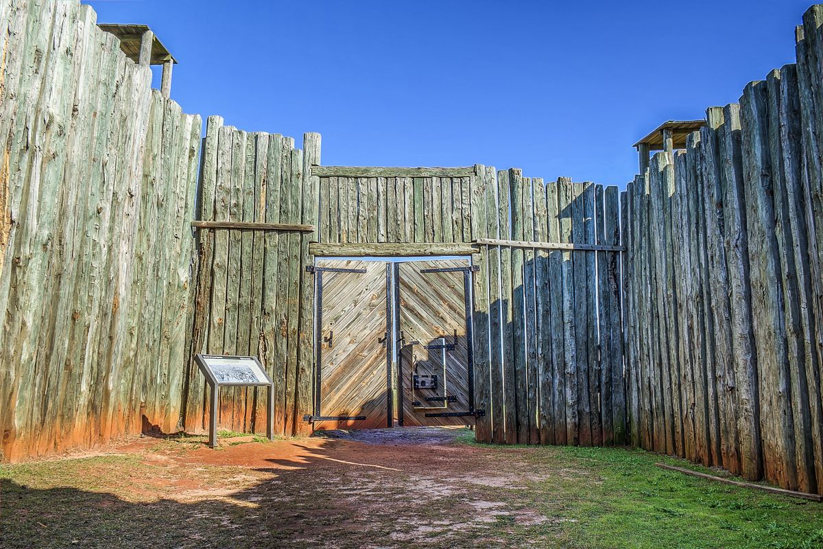 Living history display of prisoner lean-tos at Andersonville Prison, Andersonville, Ga.