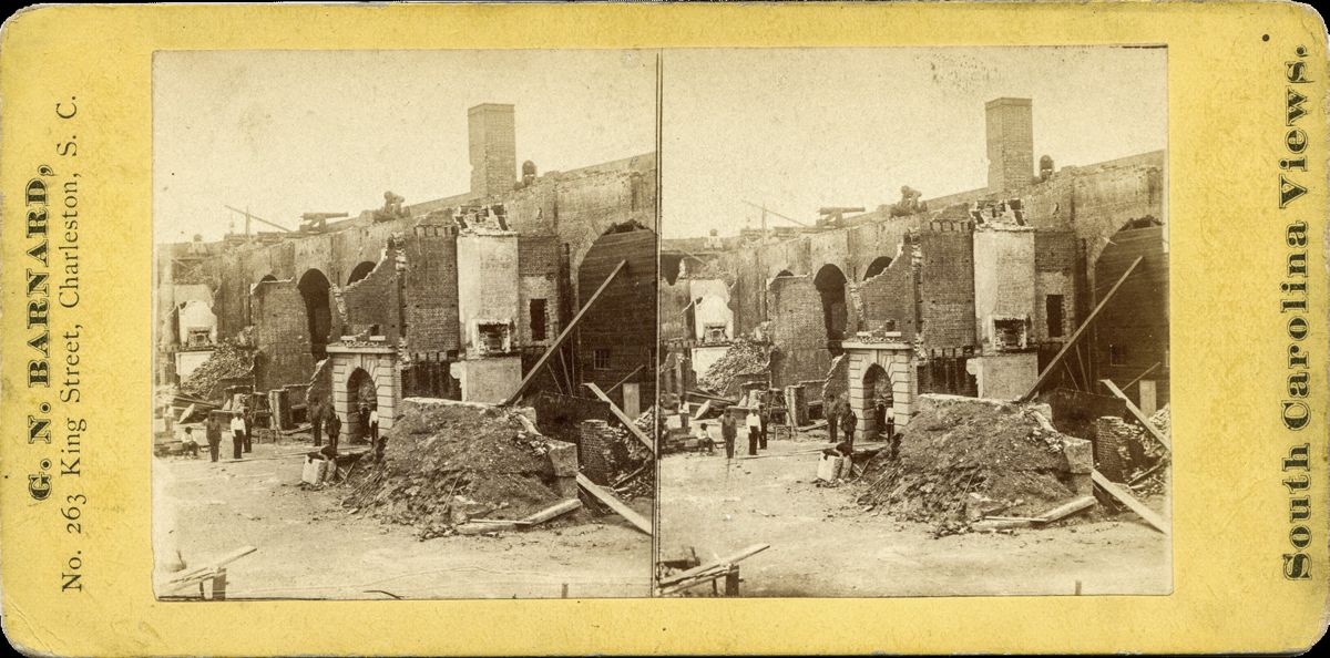 The images of Fort Sumter with the enclosed casemates were marketed in their original stereoscopic format by famous Civil War photographer George N. Barnard, who moved to Charleston after the war and operated a photo gallery there from 1873 to 1880. For unknown reasons, the top two images appear in reverse. (Collections of Keith Brady (top and bottom) and Andy Douglas House).