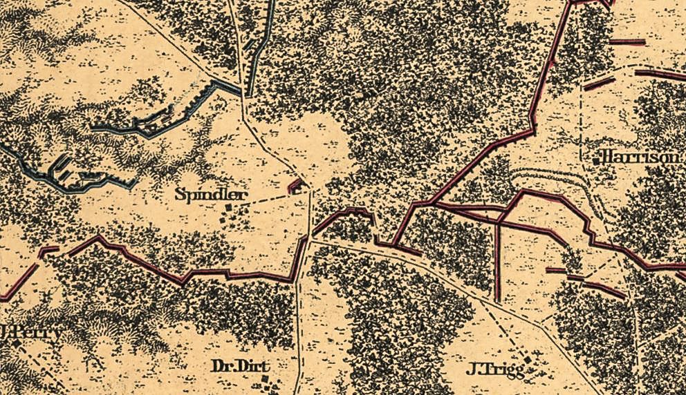 Located along Brock Road, the Spindle Farm (misspelled as “Spindler” on this period map) was caught between the Union and Confederate lines at Spotsylvania. (Library of Congress)