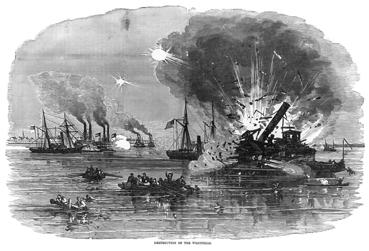 Destruction of the Westfield. Print. Chicago, Ill. : The Puritan Press Co., c. 1894. (Library of Congress)