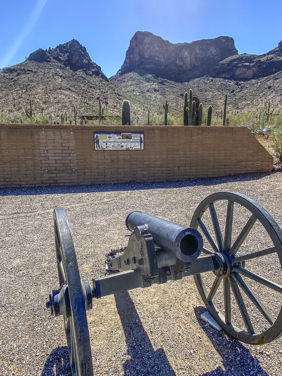 A 12-pounder mountain howitzer looks out over the battlefield from along the park’s history trail. Each March, an annual reenactment draws hundreds of people to the area.