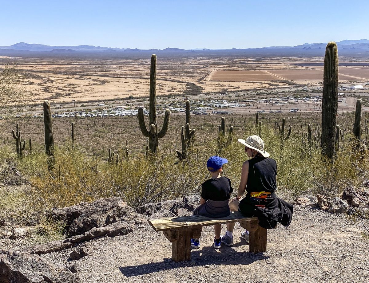 An overlook from the saddle of Picacho Peak offers a view of the transportation lines that run through the pass. Federals would have come around Picacho Mountains on the far side of the pass (out of frame, to the left) and then moved from right to left along the road in an unsuccessful attempt to sneak up on the Confederates.
