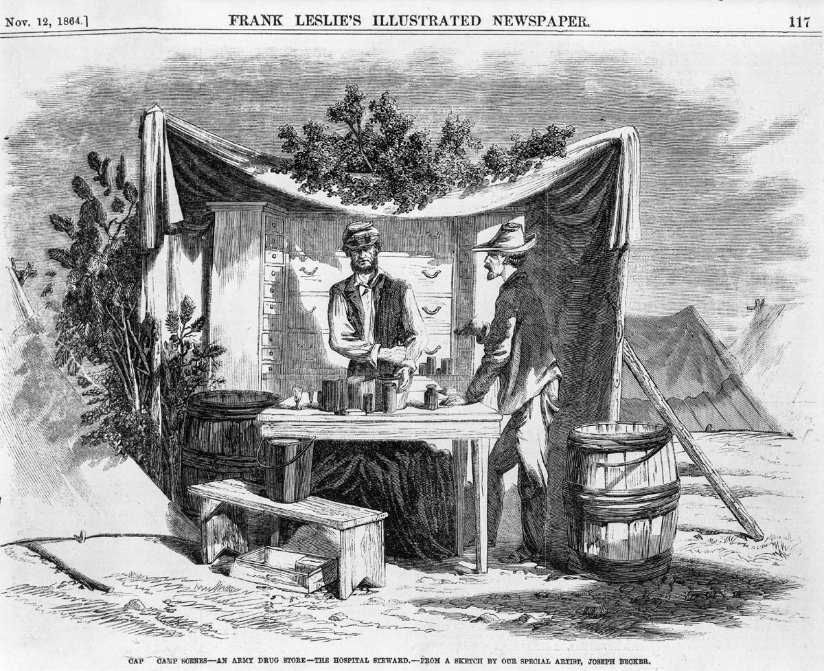 Camp scenes—an army drug store—the hospital steward. (Library of Congress)