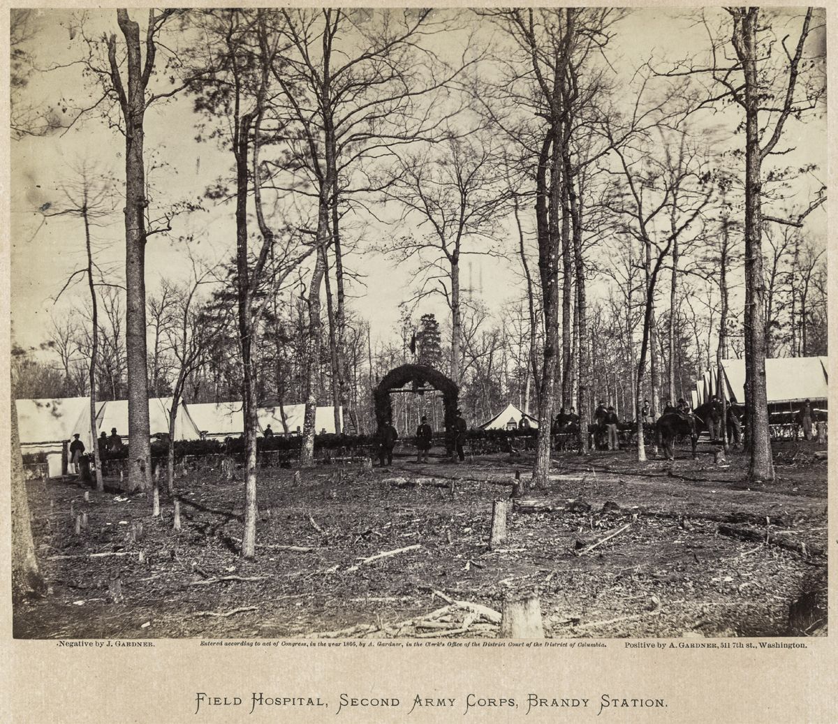 Field hospital, Second Army Corps, Brandy Station, negative by J. Gardner, positive by A. Gardner. (Library of Congress)