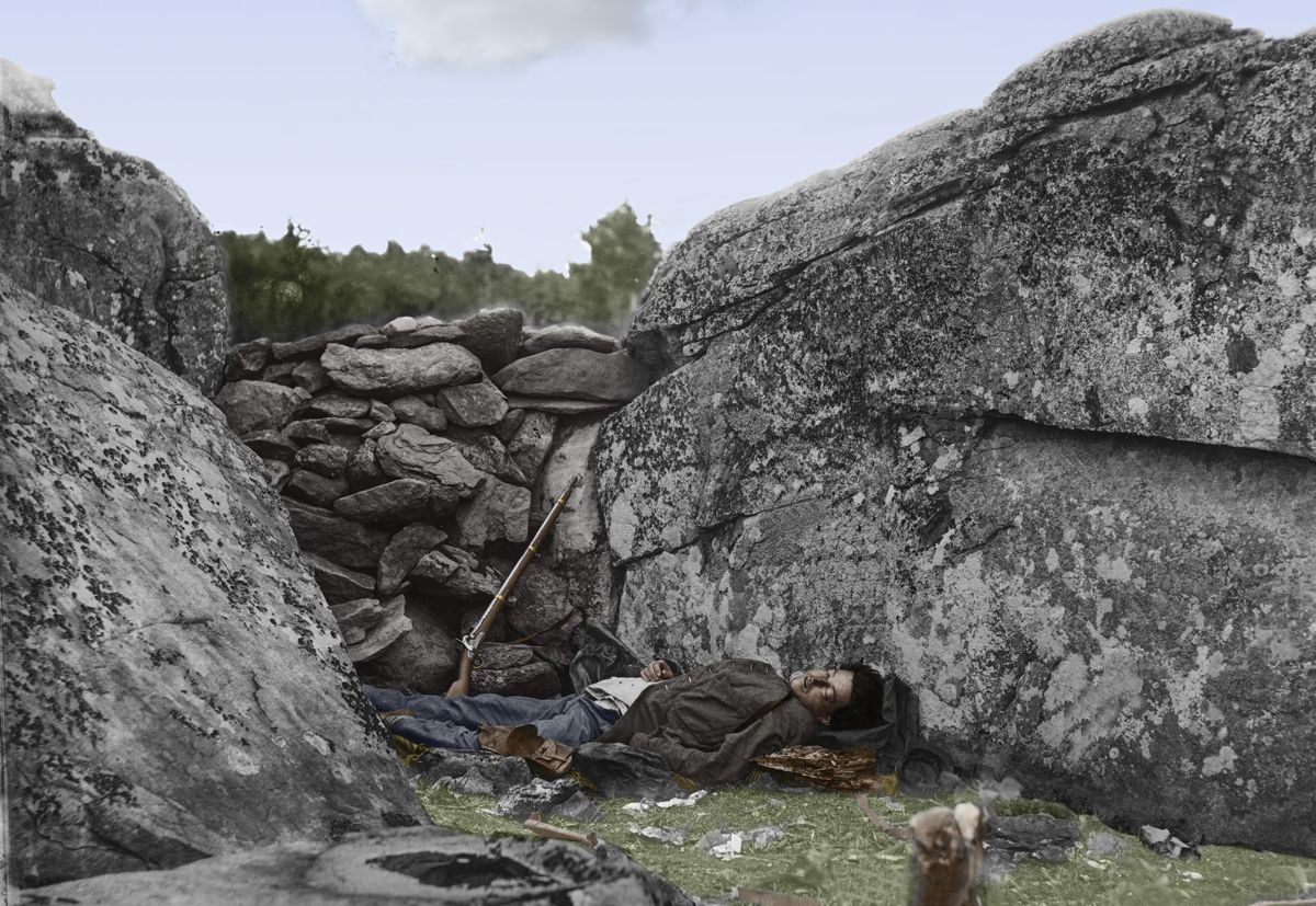 Gettysburg Sharpshooter. Rocks could not save him, Gettysburg, July 1863. Colorization © 2010 civilwarincolor.com. (Library of Congress)
