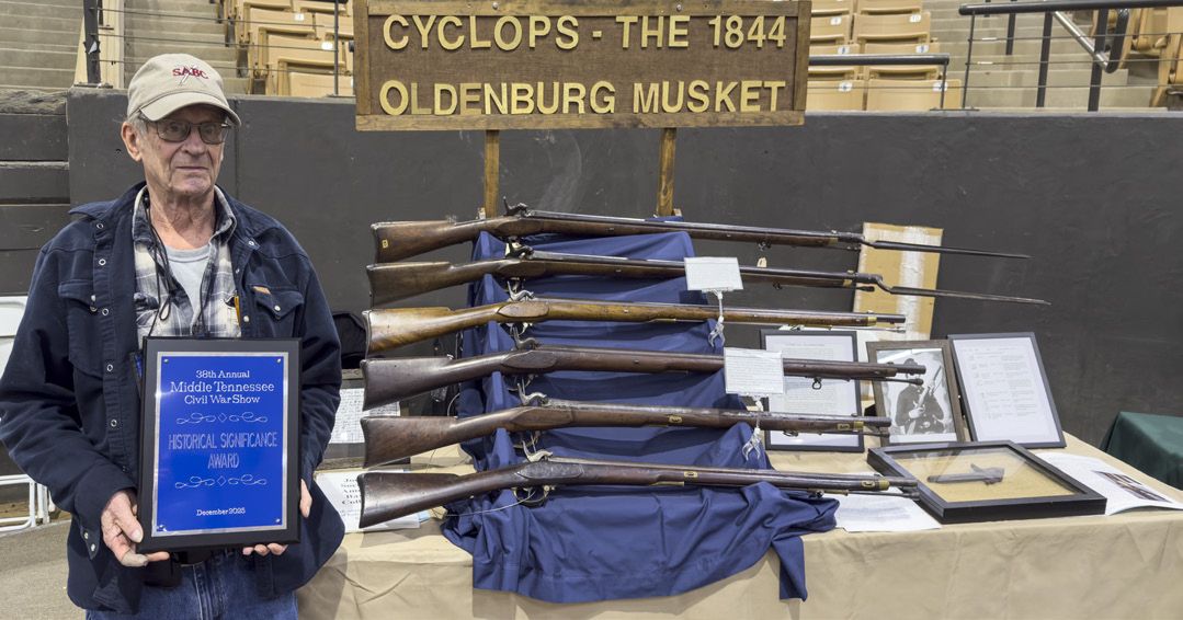 David Noe and his display of rare Oldenburg Muskets.