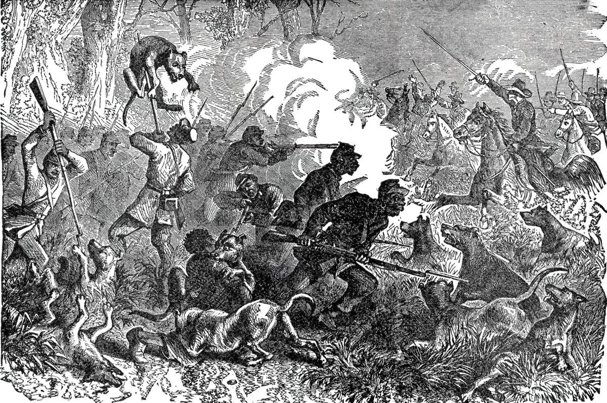Entitled “A Negro Regiment Attacked by Rebels & Bloodhounds” was a sketch by artist W. T. Crane that appeared in Leslie’s Illustrated (March 5, 1864) loosely based on the story of this raid then circulating in the North. It seems Crane exaggerated the number of bloodhounds and didn’t have a very good understanding of what bloodhounds looked like. Civil War News Magazine | Vol. 52, No. 6, Nov.-Dec. 2026