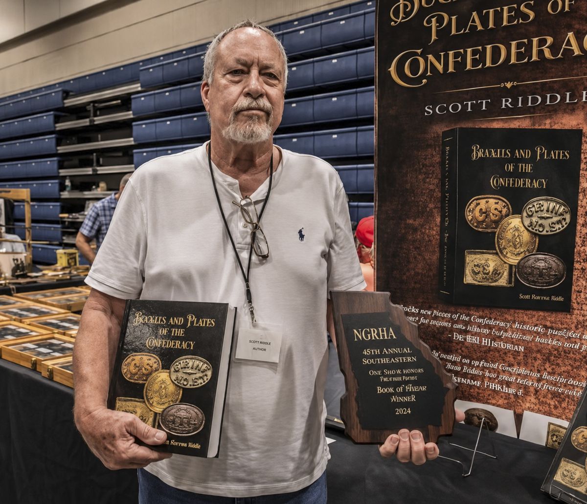 Best of Show: Scott Riddle’s display of Confederate buckles and buttons included material associated with the Georgia Military Institute, which operated in Marietta near the show site. His new 724 page book, Buckles and Plates of the Confederacy, can be ordered online (see ad in this magazine).