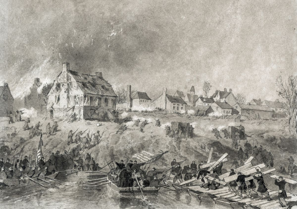 Some of the first Federal soldiers entering Fredericksburg on December 11, 1862, experienced near-miss situations during the street fighting. (Library of Congress)