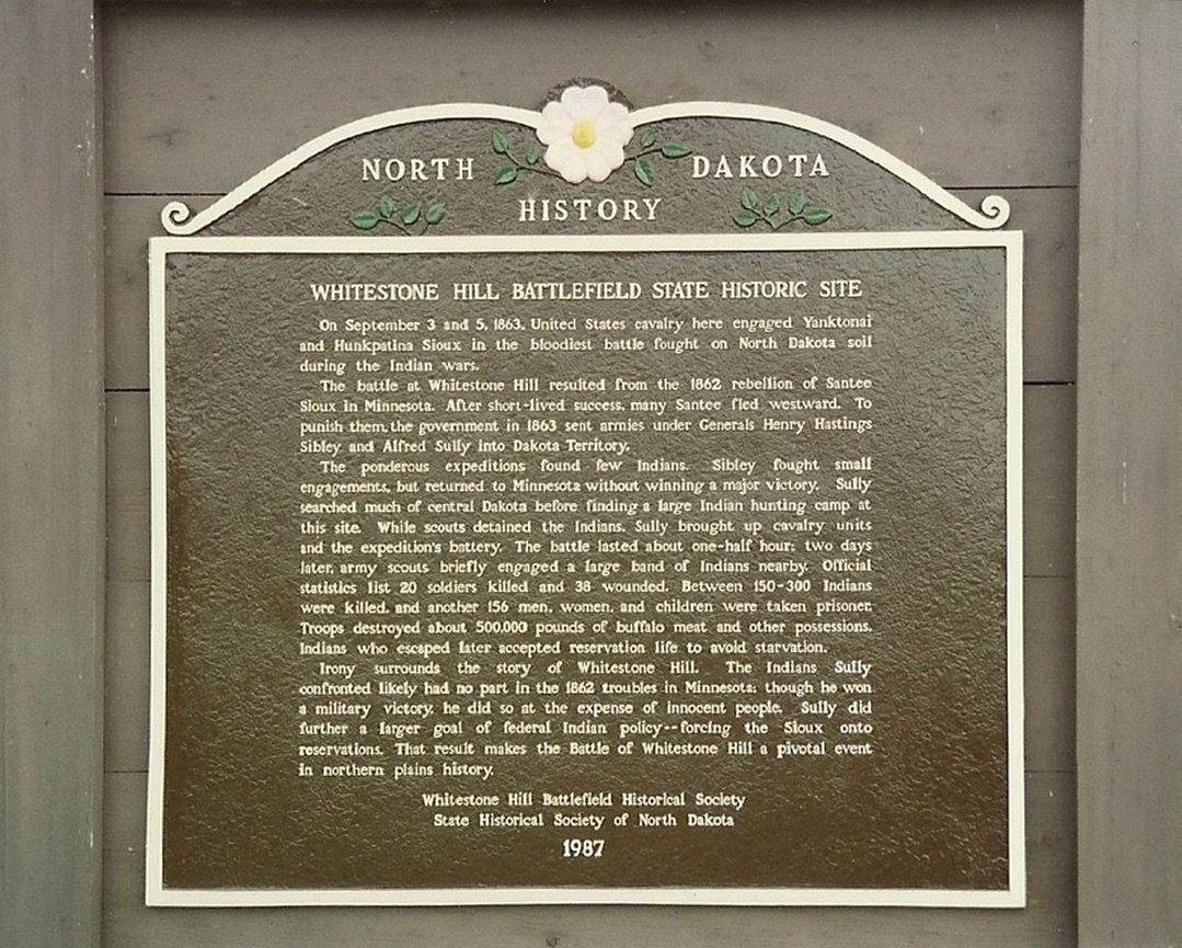 Whitestone Hill Battlefield State Historic Site historical marker, Dickey County, North Dakota. (Brigid Tennant photo)