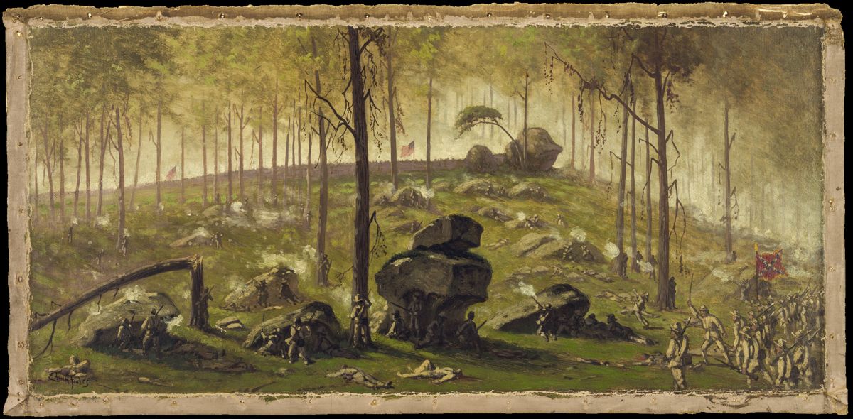 Attack of Johnston’s Div., C.S.A. on the breastworks on Culp’s Hill defended by Wadsworth’s Div., 1st Corps, and a part of the XII Corps under General Slocum, 7:30 p.m., July 2nd. Artist, Edwin Forbes.