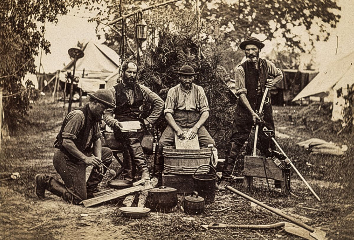 The Prince de Joinville was a French prince on the staff of Maj. Gen. George B. McClellan. In a photograph of his camp, the servants who accompanied him on campaign posed with a prominently placed washtub and washboard. (Library of Congress).