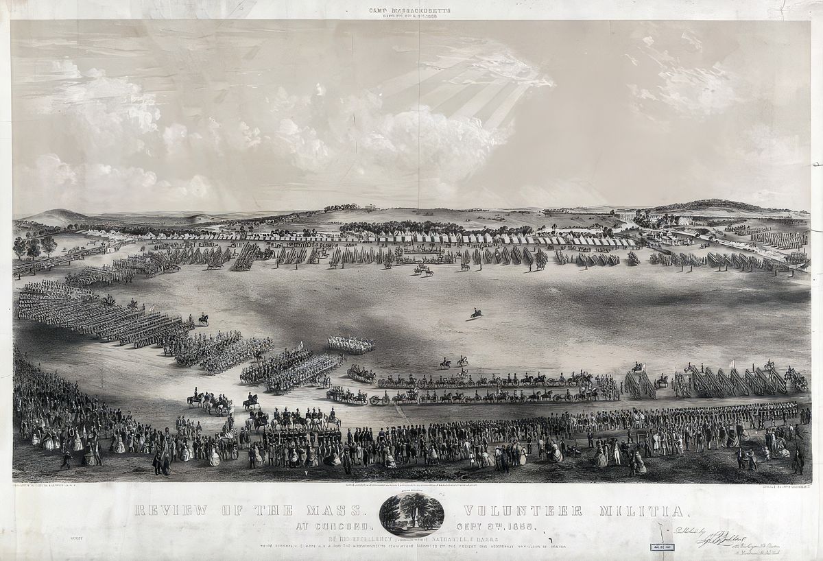 Figure 2. Camp Massachusetts, Review of the Mass. Volunteer Militia, at Concord, Sept. 9, 1859, by his excellency (commander in chief) Nathaniel P. Banks. (Library of Congress)