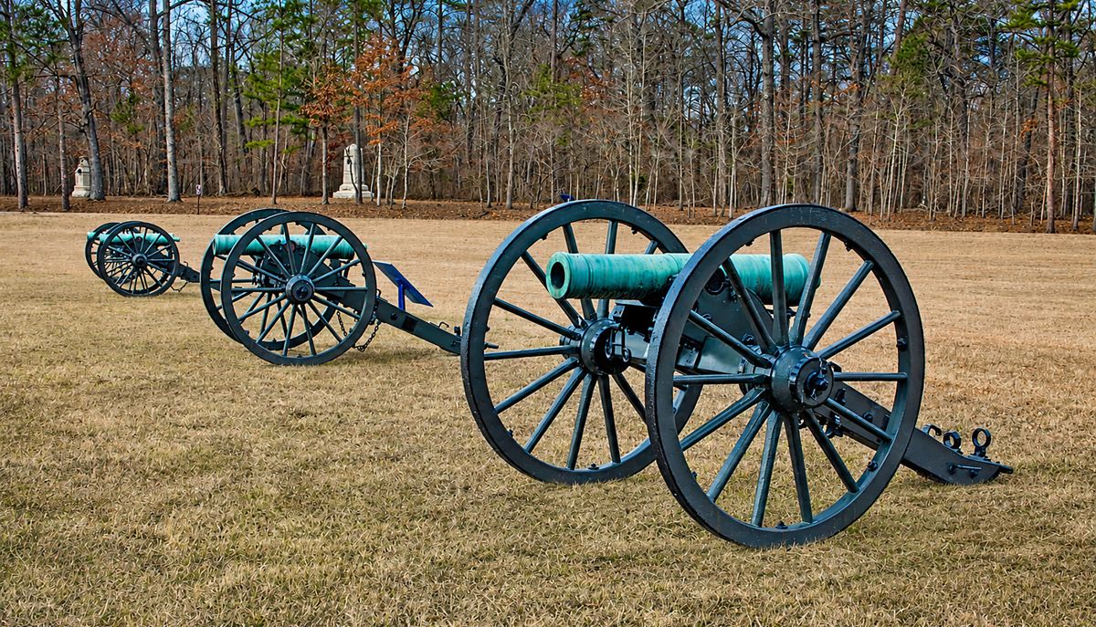 Four 12-pounder smoothbore howitzers on the Chickamauga and Chattanooga National Military Park Battlefield. The 8th Indiana Battery had two 12-pounder smoothbore howitzers during the battle. (Jack W. Melton Jr.)