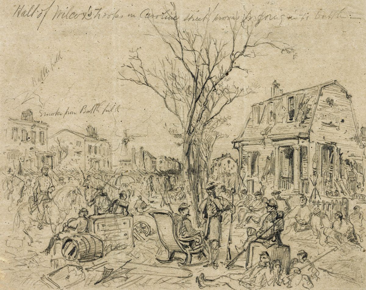 “Halt of Wilcox’s Troops in Caroline Street previous to going into battle.” This view, looking north up Caroline Street, shows the destruction inflicted on the houses, with Federal troops of Brig. Gen. Orlando Willcox’s Ninth Corps lounging on furniture removed from them. Sketch by Arthur Lumley. (Library of Congress)